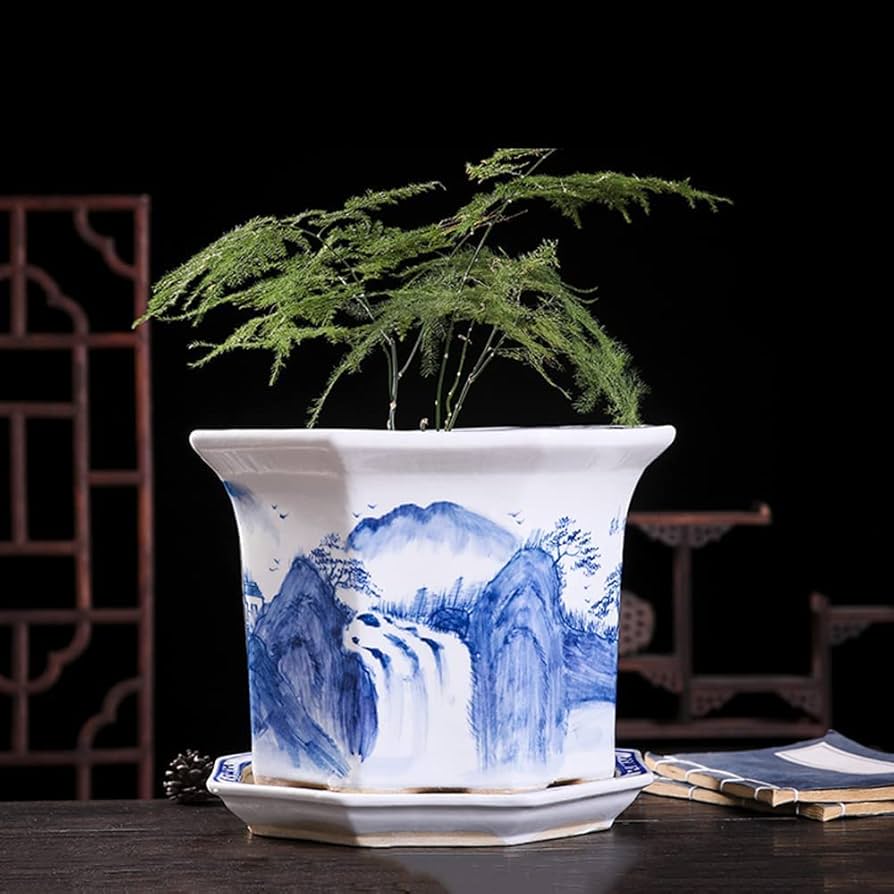 Amazon.co.jp: 手描きの陶器の背の高い八角形の植木鉢、中国の青